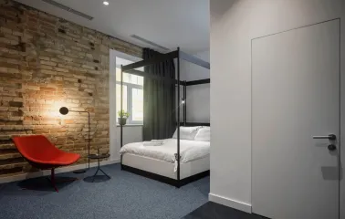 Loft-style room at the Bursa Hotel in Kyiv