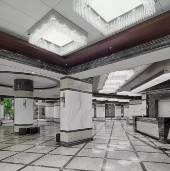 Senator Business Center in Kyiv - marble lobby hall with large square chandeliers