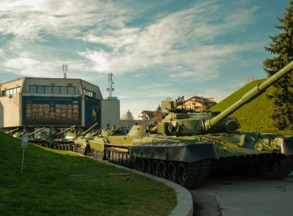 War Museum in Kyiv - line of tanks displayed on the museum grounds