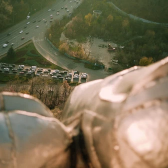 Motherland - high-angle view looking down from the Motherland Monument shield onto the busy road traffic below