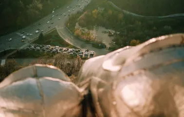 Motherland - high-angle view looking down from the Motherland Monument shield onto the busy road traffic below