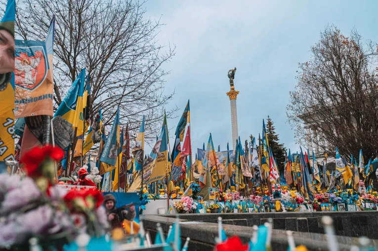 Independence Square memorial in Kyiv - small flags honoring fallen soldiers
