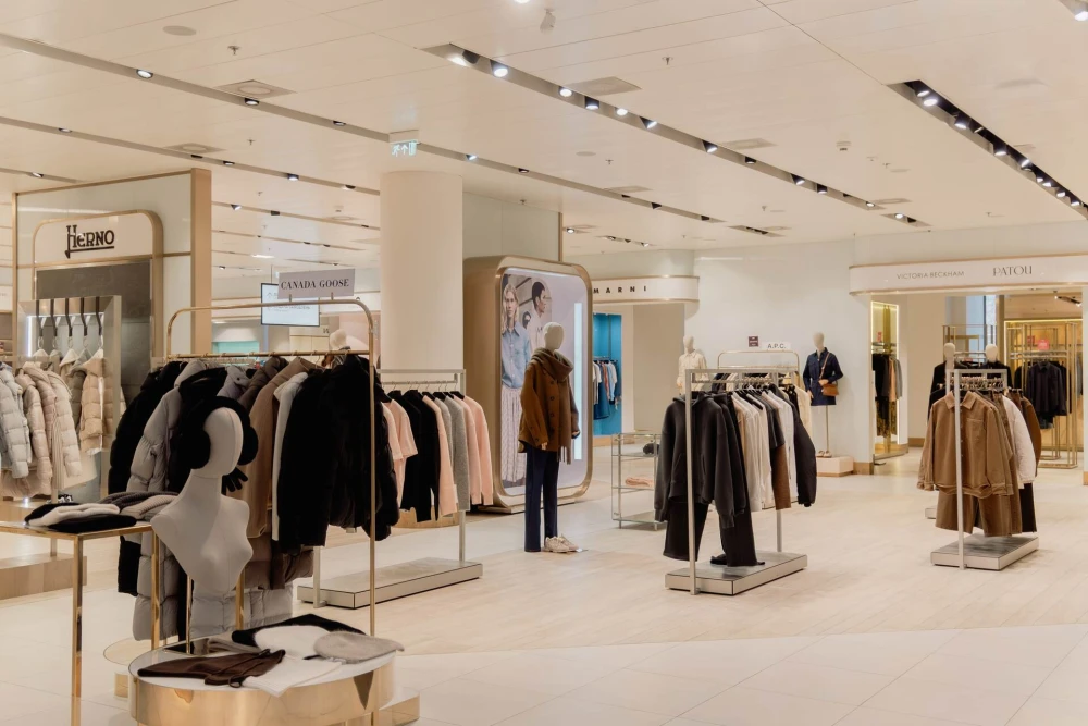 Luxury hoodies and coats in TSUM department store in Kyiv