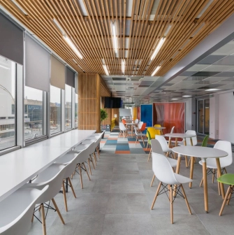 Modern interior of Peremoga Space coworking space in Kyiv with panoramic windows