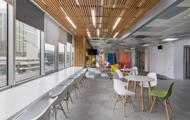 Modern interior of Peremoga Space coworking space in Kyiv with panoramic windows