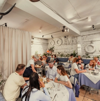 Chornomorka - nautical themed interior featuring a fresh seafood counter display