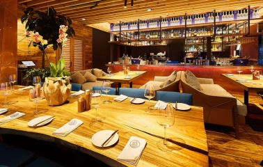 Interior of Veranda restaurant on the Dnipro river with a panoramic view of the river in the evening