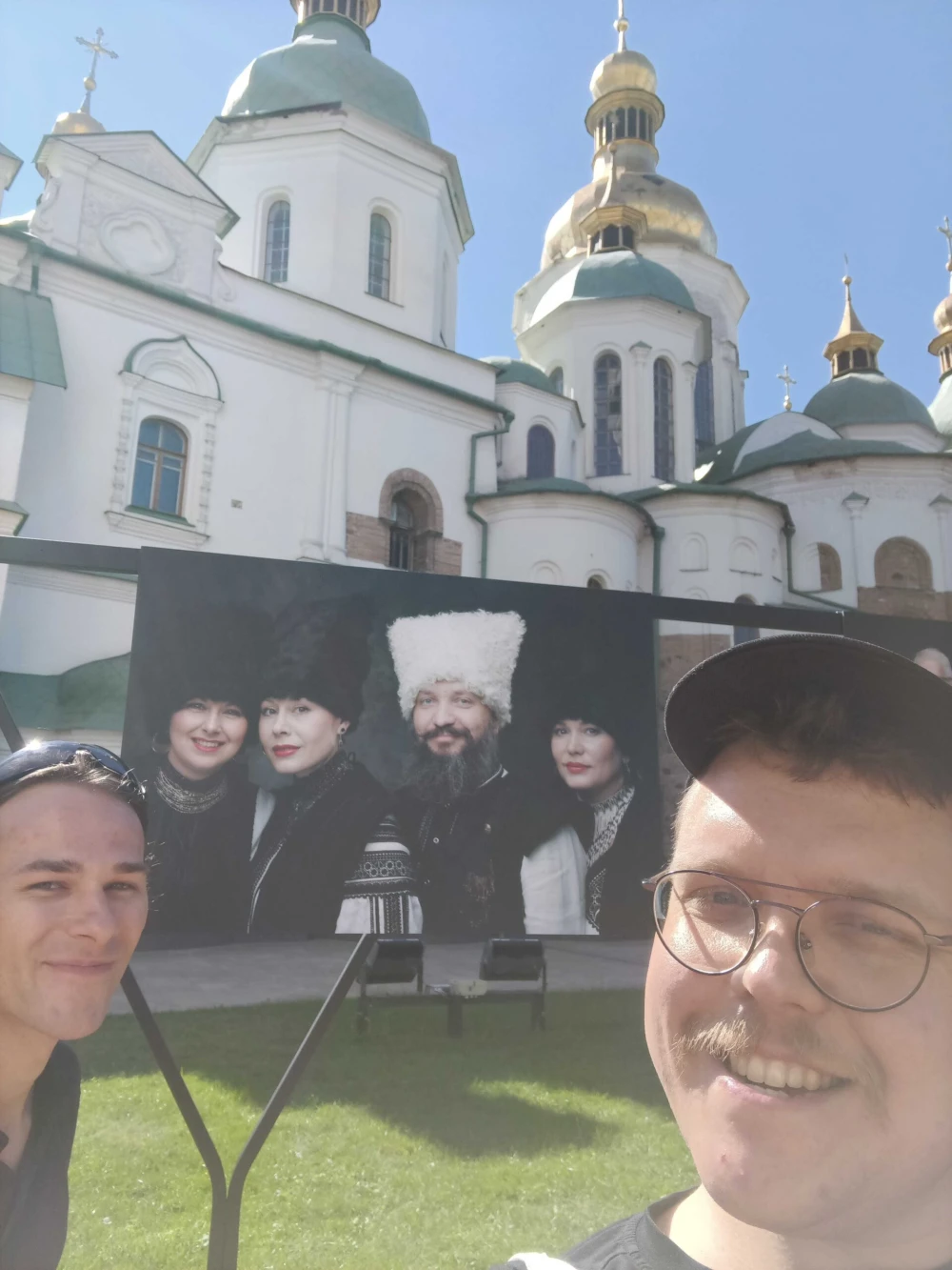 Volunteers near St Sophia Cathedral during first trip to Kyiv