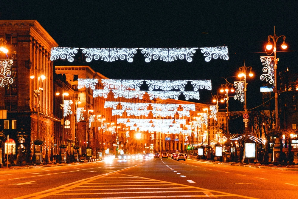 Khreshchatyk in Kyiv - evening lanterns and garlands illuminating the roads