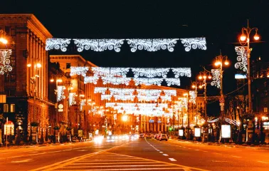 Khreshchatyk in Kyiv - evening lanterns and garlands illuminating the roads