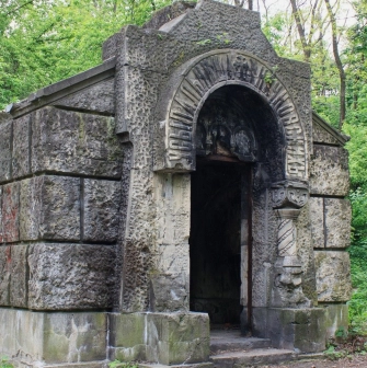 Babyn Yar in Kyiv - mysterious ruins of the historic Kaczkowski family crypt featuring weathered stone walls