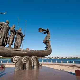 Panoramic view from the Monument to the Founders of Kyiv observation deck - scenic Dnipro River and Kyiv’s left bank