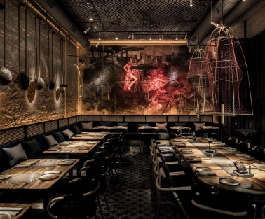 The picturesque wall interior of the NĂM restaurant in Kyiv