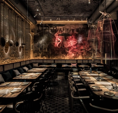 The picturesque wall interior of the NĂM restaurant in Kyiv