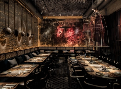 The picturesque wall interior of the NĂM restaurant in Kyiv