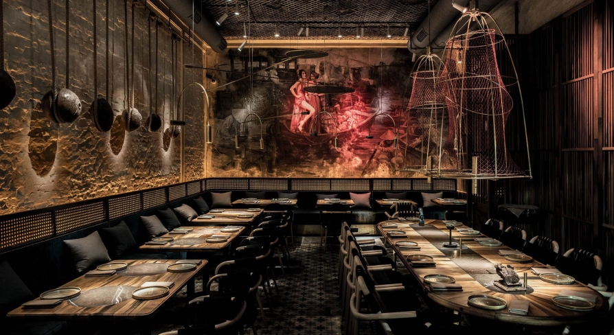 The picturesque wall interior of the NĂM restaurant in Kyiv