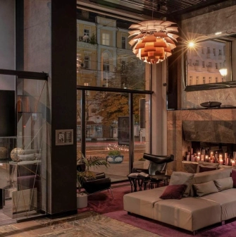 Stylish lobby of 11 Mirrors Design Hotel in Kyiv with designer furniture