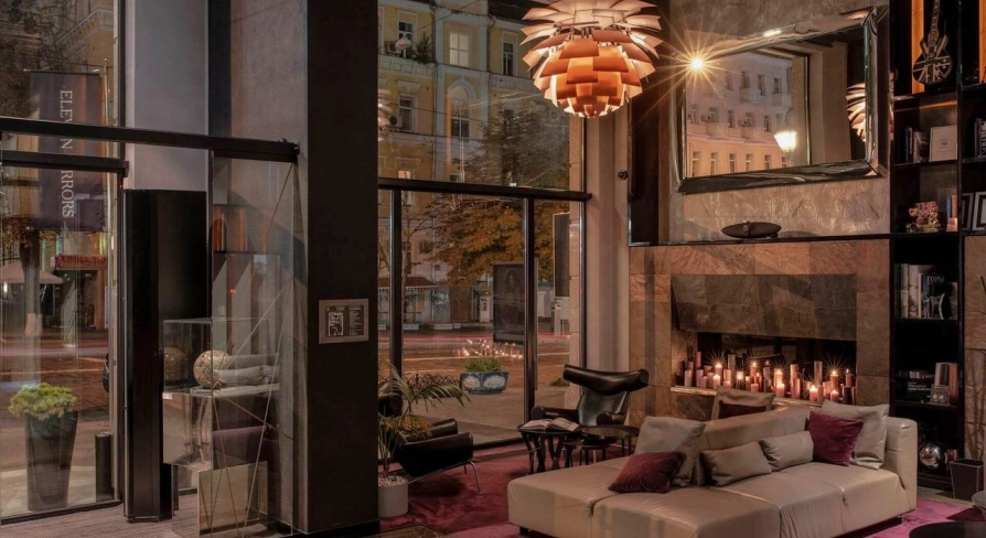 Stylish lobby of 11 Mirrors Design Hotel in Kyiv with designer furniture