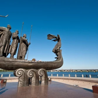 Panoramic view from the Monument to the Founders of Kyiv observation deck - scenic Dnipro River and Kyiv’s left bank