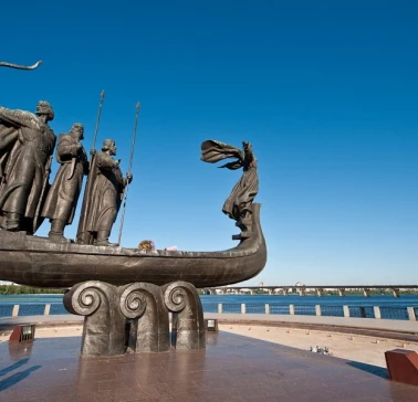Panoramic view from the Monument to the Founders of Kyiv observation deck - scenic Dnipro River and Kyiv’s left bank