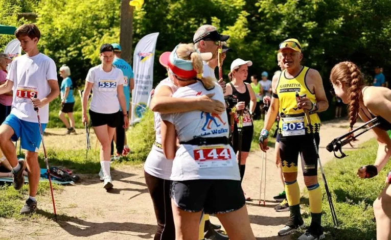Competitors of the Kyiv Nordic Walking World Cup enjoying the route in the park