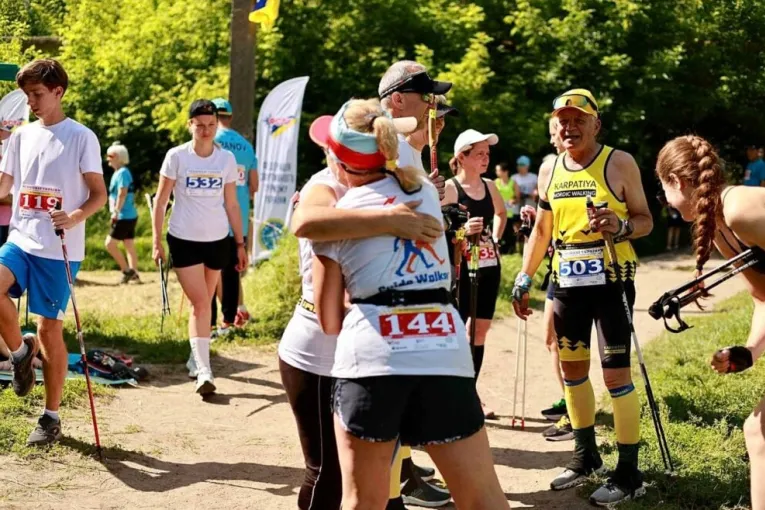 Competitors of the Kyiv Nordic Walking World Cup enjoying the route in the park
