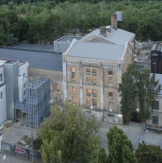 k41 - aerial view of the renovated historic brick industrial building complex and courtyard