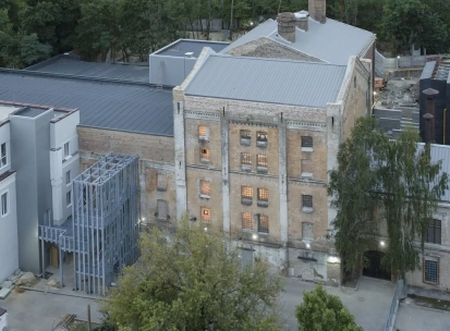 k41 - aerial view of the renovated historic brick industrial building complex and courtyard