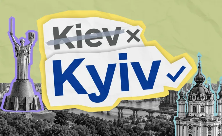 Collage: Mother Ukraine, St. Andrew's Church, and Kyiv instead of Kiev
