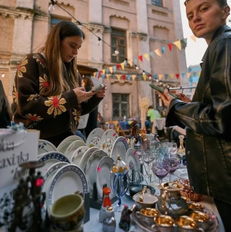 Vintage dishes and glasses at the Podilsky Shuk market in Kyiv