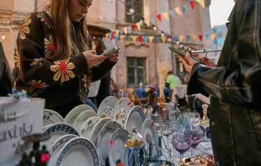 Vintage dishes and glasses at the Podilsky Shuk market in Kyiv