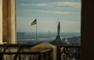 Kyiv Pechersk Lavra - view of the Motherland Monument and the Dnipro River seen from the monastery grounds
