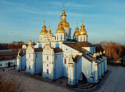 St Michael's Golden-Domed Monastery - blue church facades with sun-lit domes