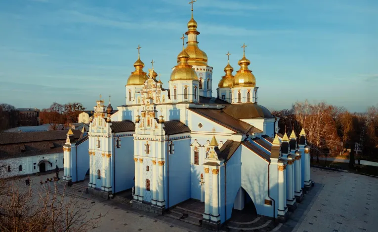 St Michael's Golden-Domed Monastery - blue church facades with sun-lit domes