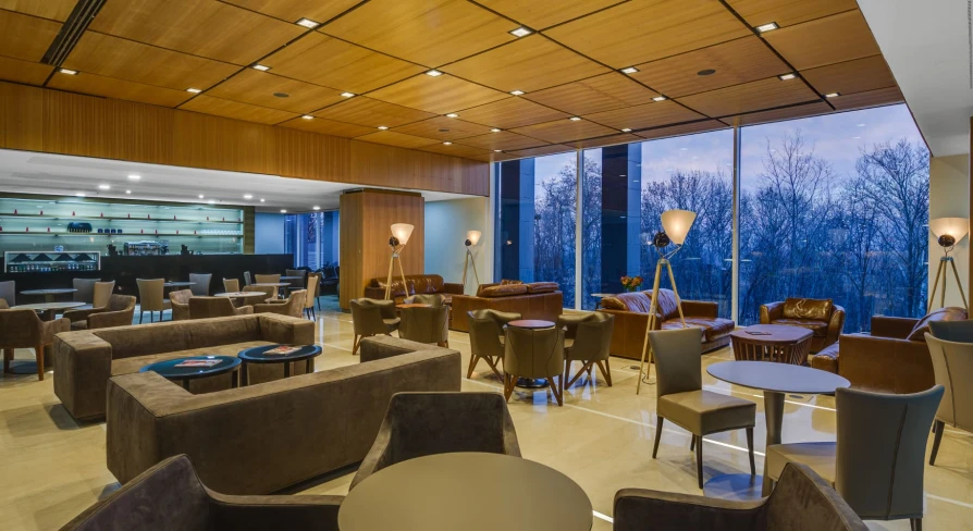 Lounge area with panoramic windows in CEC “Parkovy” in Kyiv
