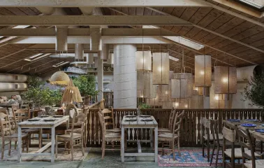 Seliam in Kyiv - spacious attic hall with fabric lanterns and wooden tables