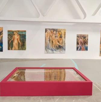 Paintings in the exhibition hall of Voloshyn Gallery in Kyiv