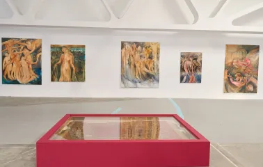 Paintings in the exhibition hall of Voloshyn Gallery in Kyiv