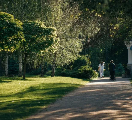 People walking on a path in a sunlit green park with trees in VDNG