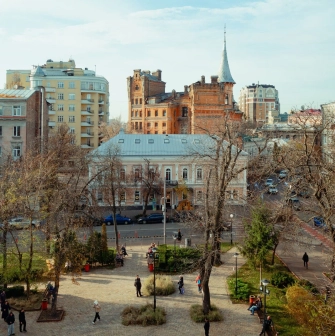 Yaroslaviv Val in Kyiv - panoramic view of the square and the red castle from the Golden Gate