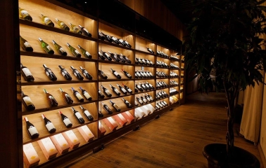 Mayak - organized display of wine bottles in the restaurant's wine cellar
