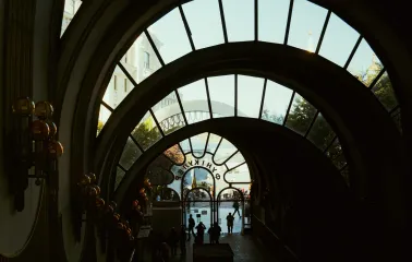Kyiv Funicular - silhouette of the station archway with large glass windows