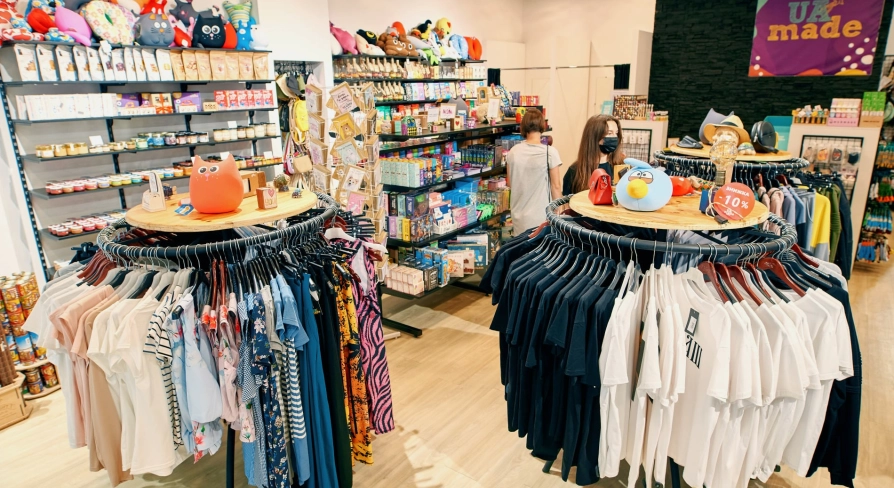 UAmade in Kyiv - cozy shopping corner with round racks of T-shirts and shelves filled with toys