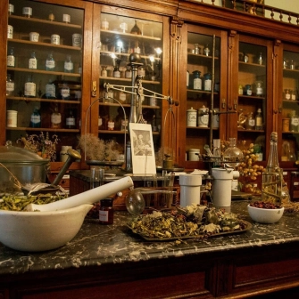 harmacy Museum in Kyiv - vintage pharmaceutical still life featuring dried herbs in a mortar, scales, and rows of glass medicine jars in an old wooden cabinet