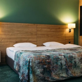 Double room in the Favor Park Hotel in Kyiv with wooden decoration