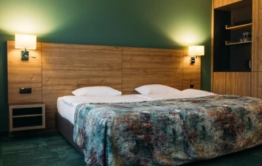 Double room in the Favor Park Hotel in Kyiv with wooden decoration