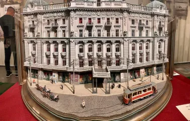 Muzei Istorii Mista Kyieva in Kyiv - detailed miniature architectural model of a grand historical building with a vintage tram in front