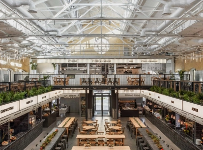 Kyiv Food Market main hall with wooden tables