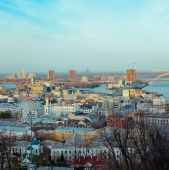 St. Andrew's Church in Kyiv - panorama of Podil and Dnipro River