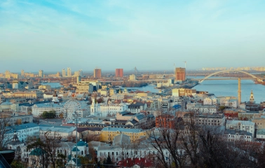 St. Andrew's Church in Kyiv - panorama of Podil and Dnipro River